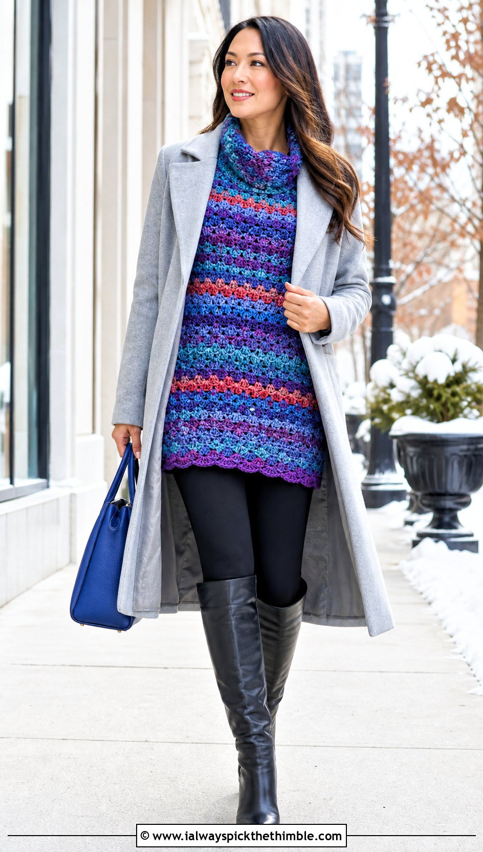 DK Weight Crochet Tunic Sweater With Knee High Boots - 20 Dk Weight Crochet Sweater outfit ideas