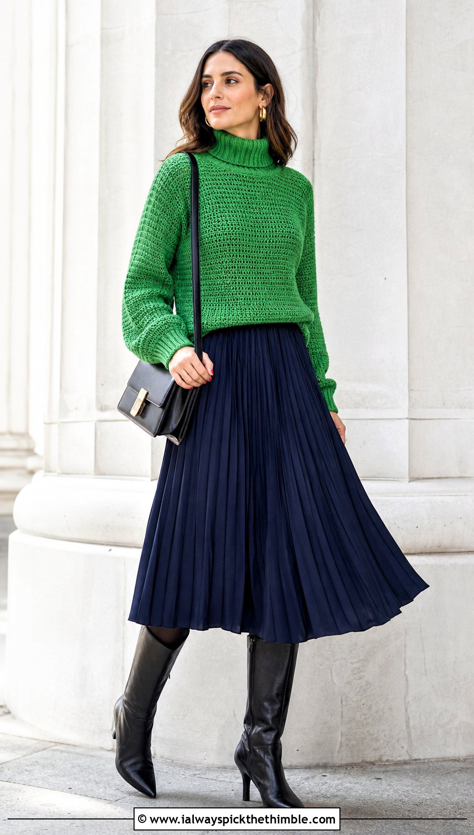 DK Weight Crochet Turtleneck Sweater With Pleated Midi Skirt - 20 Dk Weight Crochet Sweater outfit ideas