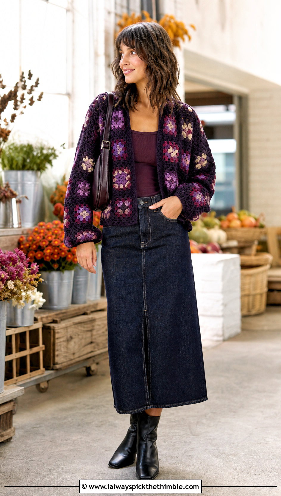 DK Weight Granny Square Crochet Sweater With Denim Skirt - 20 Dk Weight Crochet Sweater outfit ideas