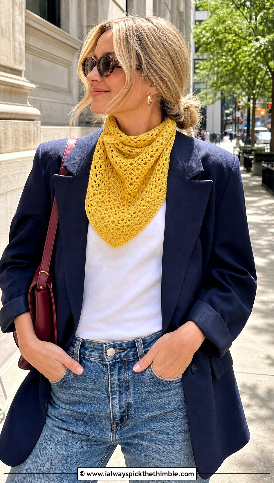 DK Yarn Bandana Crochet Scarf With Blazer And Jeans - 20 dk yarn crochet scarf outfit ideas