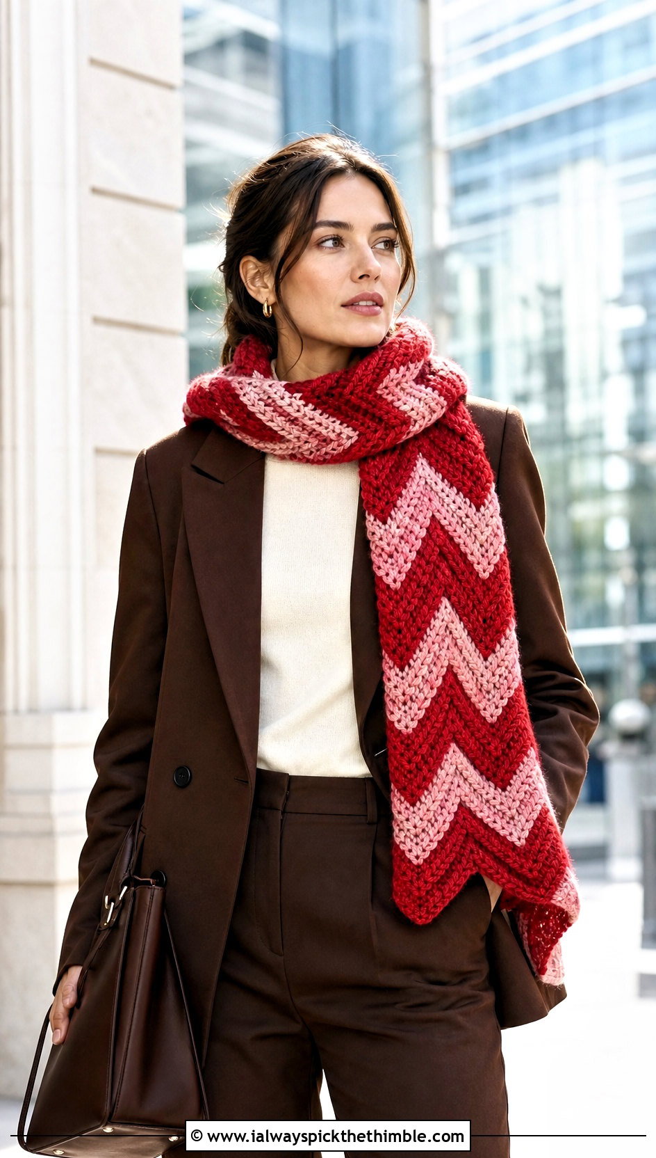 DK Yarn Chevron Crochet Scarf With Monochrome Suit - 20 dk yarn crochet scarf outfit ideas