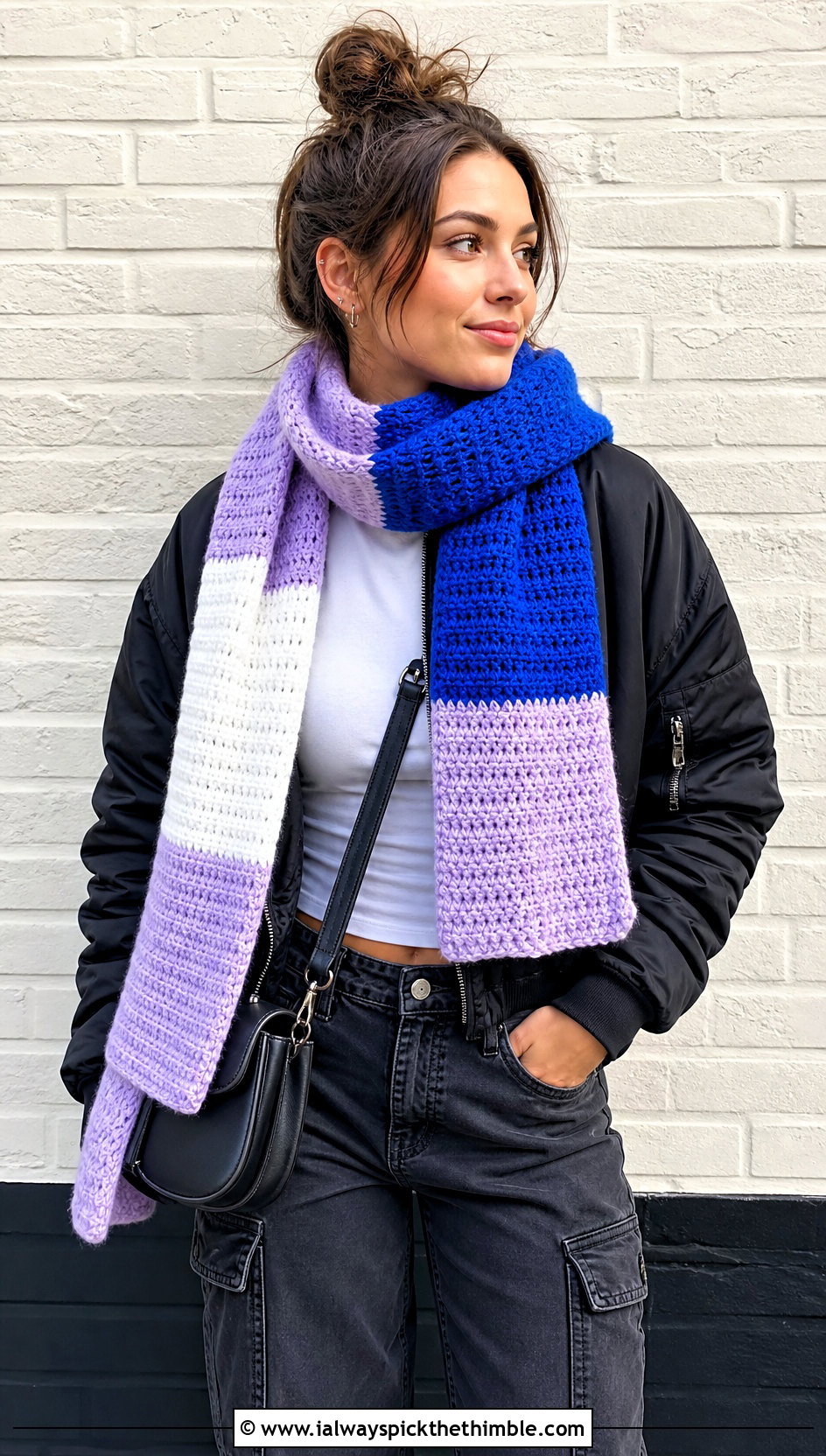 DK Yarn Color Block Crochet Scarf With Bomber Jacket - 20 dk yarn crochet scarf outfit ideas