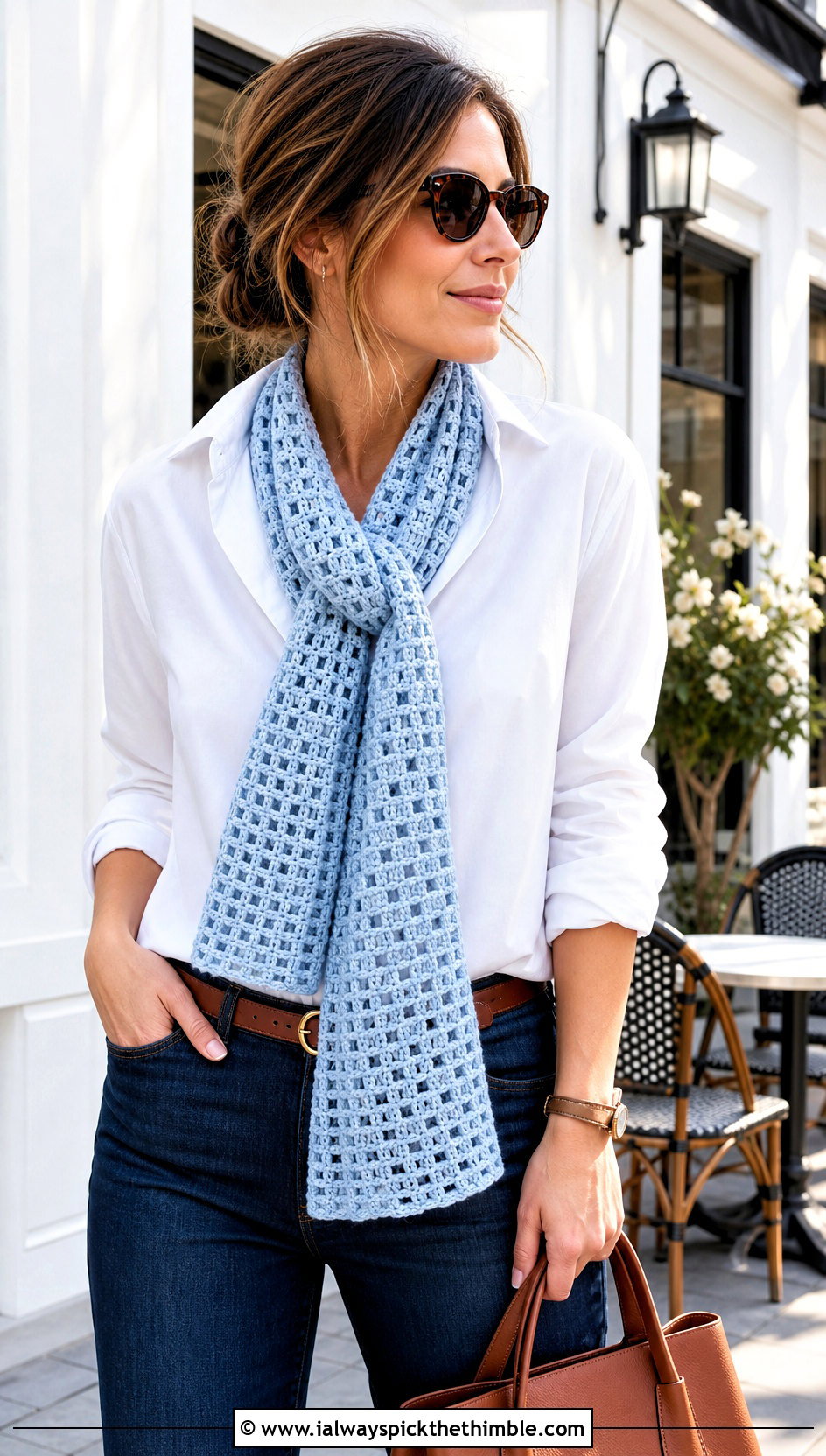 DK Yarn Filet Crochet Scarf With White Shirt - 20 dk yarn crochet scarf outfit ideas