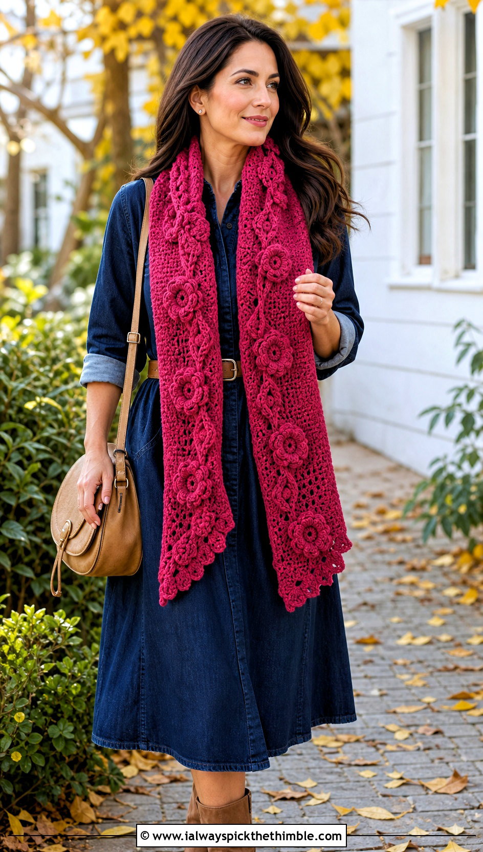DK Yarn Floral Applique Crochet Scarf With Denim Dress - 20 dk yarn crochet scarf outfit ideas