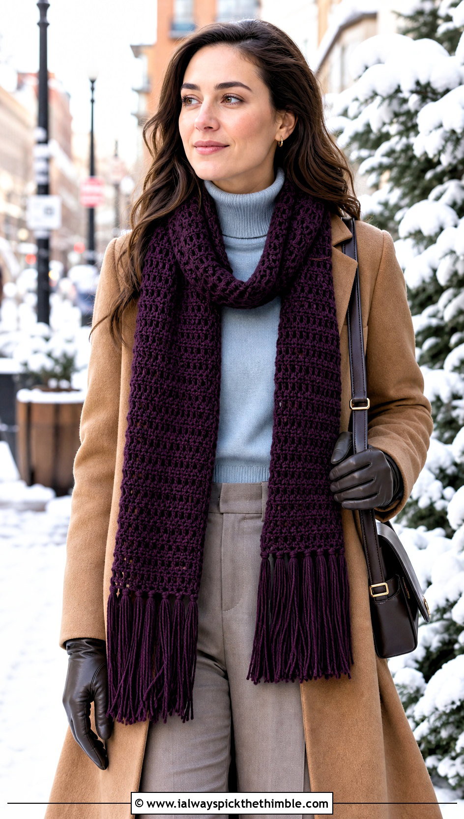 DK Yarn Fringed Crochet Scarf With Wool Overcoat - 20 dk yarn crochet scarf outfit ideas