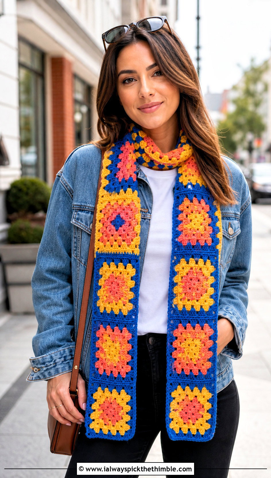 DK Yarn Granny Square Crochet Scarf With Denim Jacket - 20 dk yarn crochet scarf outfit ideas