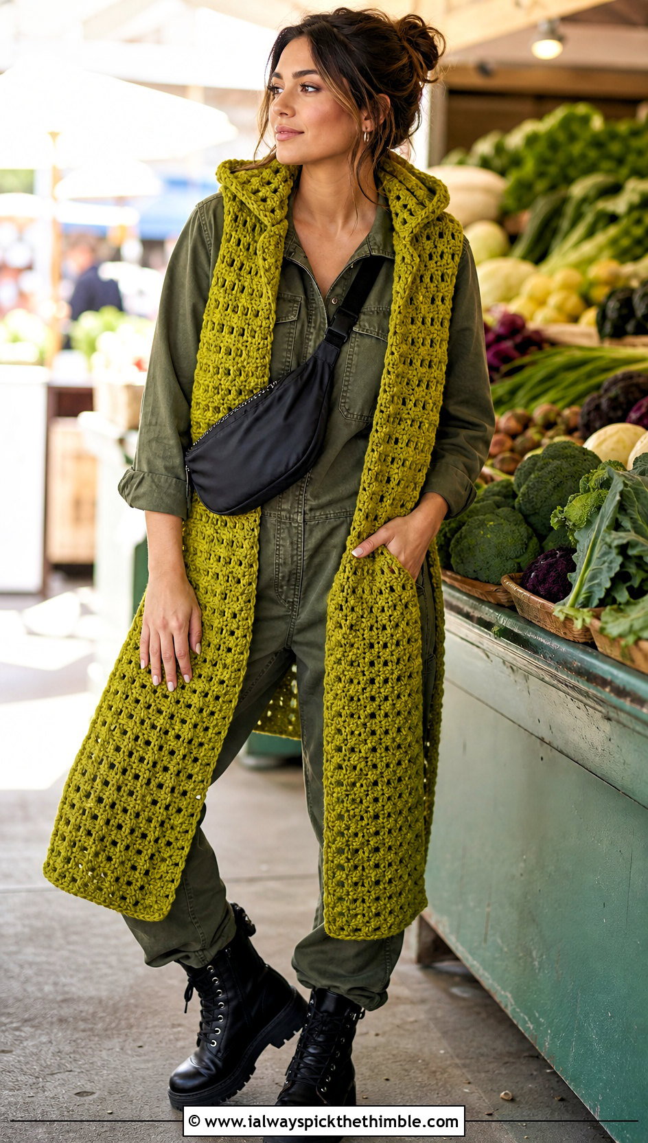 DK Yarn Hooded Crochet Scarf With Utility Jumpsuit - 20 dk yarn crochet scarf outfit ideas