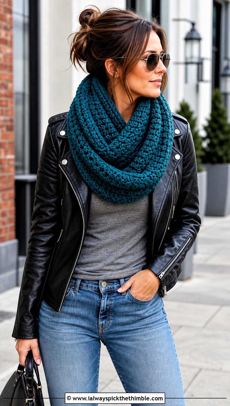 DK Yarn Infinity Crochet Scarf With Leather Jacket - 20 dk yarn crochet scarf outfit ideas