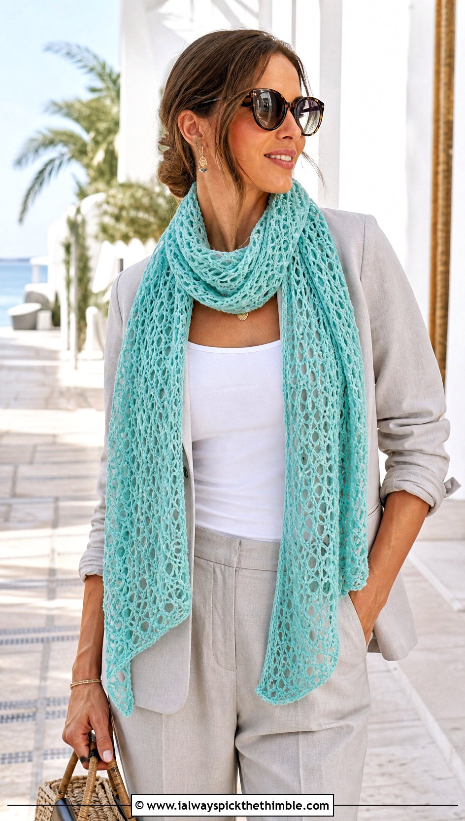DK Yarn Lace Mesh Crochet Scarf With Linen Suit - 20 dk yarn crochet scarf outfit ideas