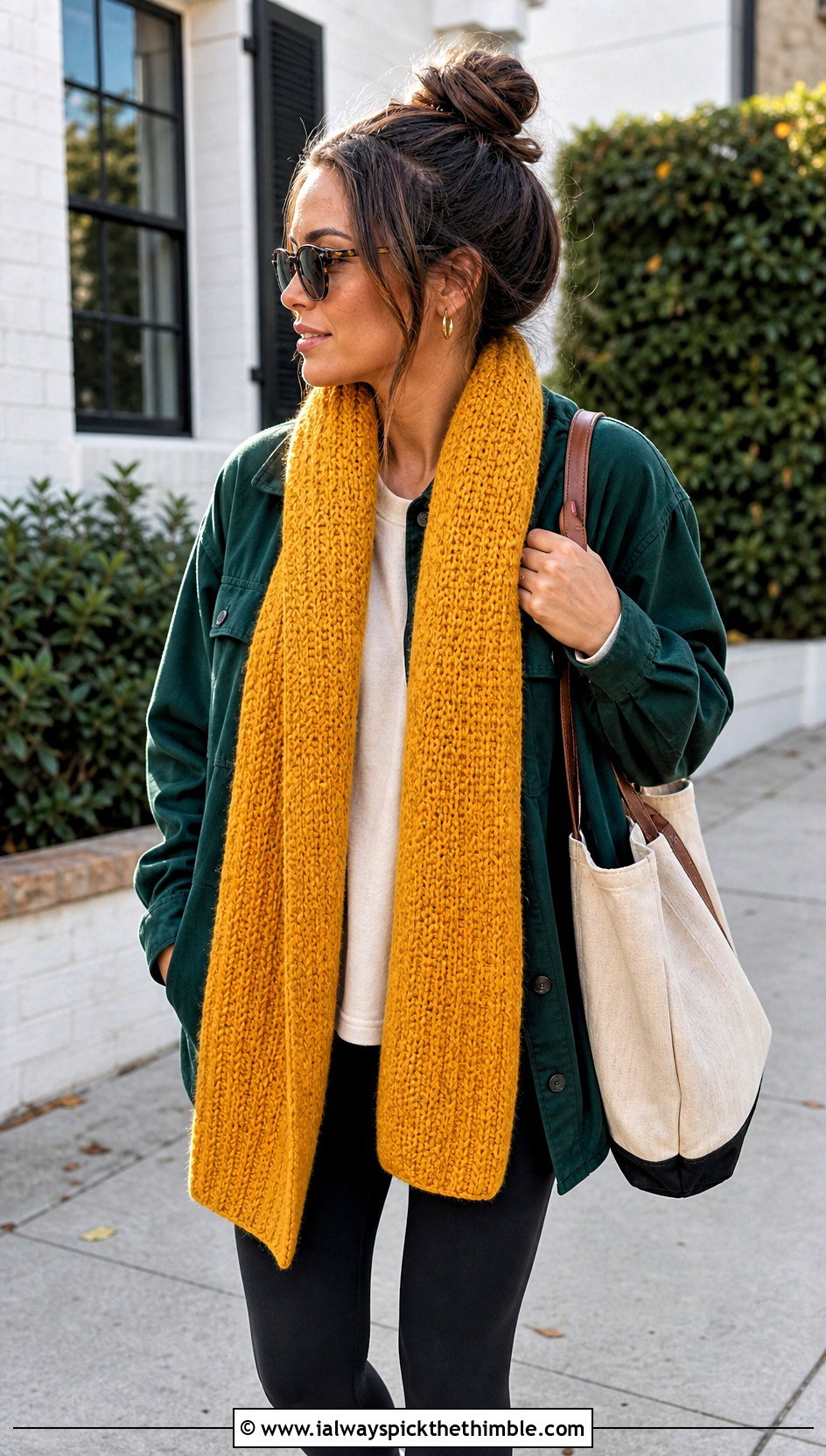 DK Yarn Moss Stitch Crochet Scarf With Shacket And Leggings - 20 dk yarn crochet scarf outfit ideas