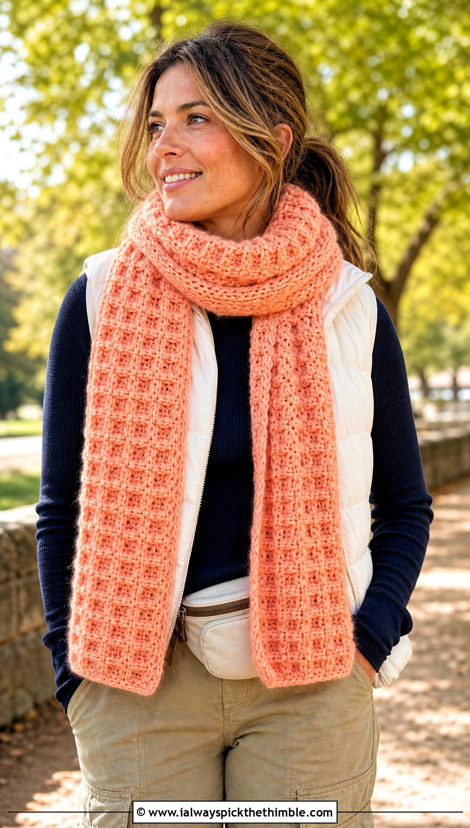 DK Yarn Waffle Stitch Crochet Scarf With Puffer Vest - 20 dk yarn crochet scarf outfit ideas