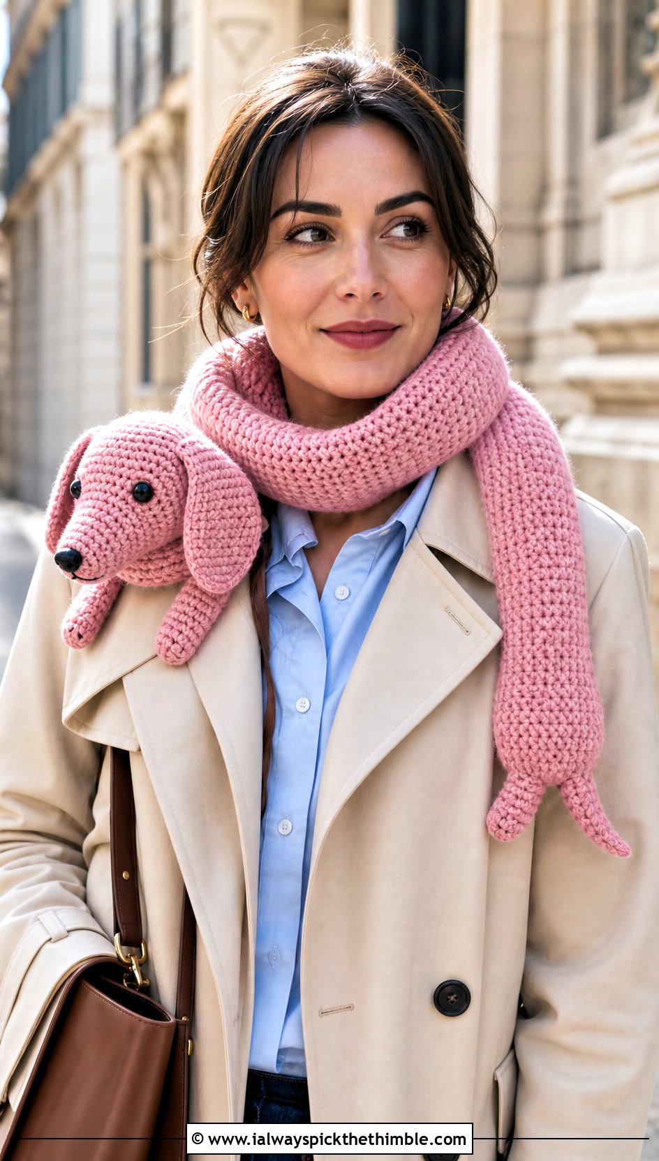 Dachshund Crochet Scarf With Trench Coat Outfit - 15 Funny Crochet Scarves outfit ideas