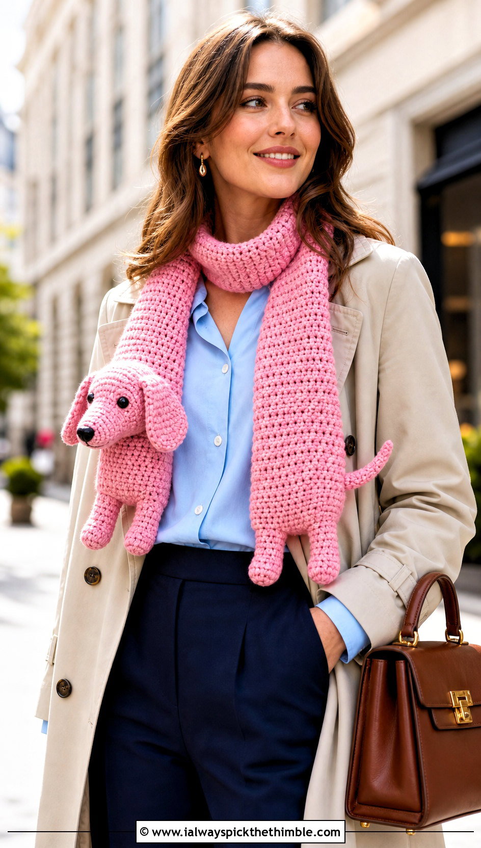 Dachshund Crochet Scarf With Trench Coat - 15 Funny Crochet Scarf outfit ideas