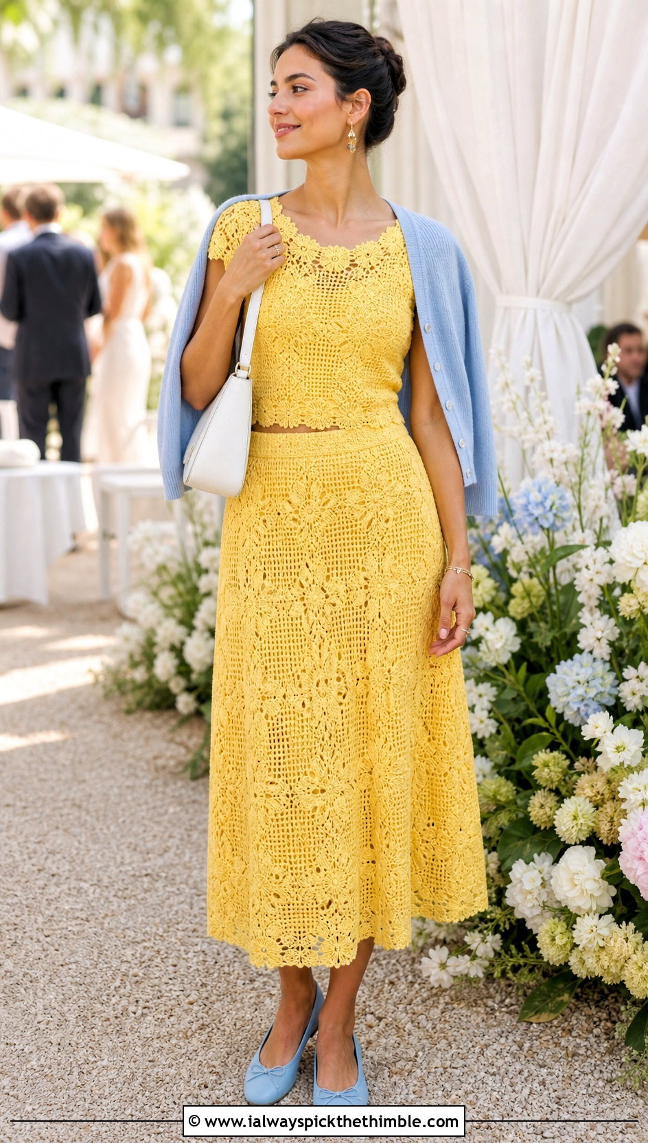 Daffodil Yellow Crochet Cap Sleeve Top And A Line Skirt Set With Ballet Flats - 15 yellow crochet top and skirt set outfit ideas