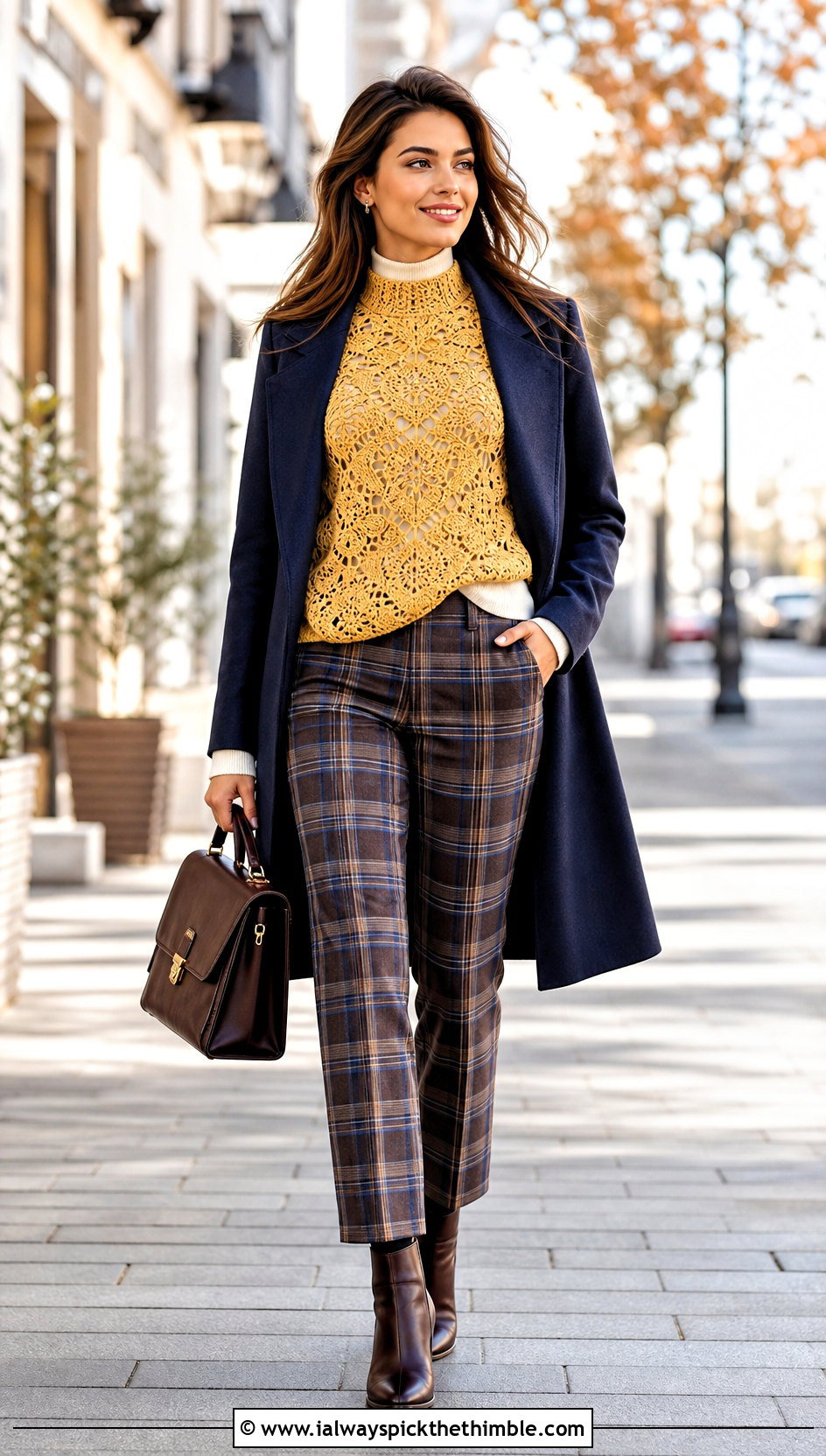 Daffodil Yellow Mock Neck Lace Crochet Sweater With Plaid Trousers - 15 Yellow Lace Crochet Sweater outfit ideas