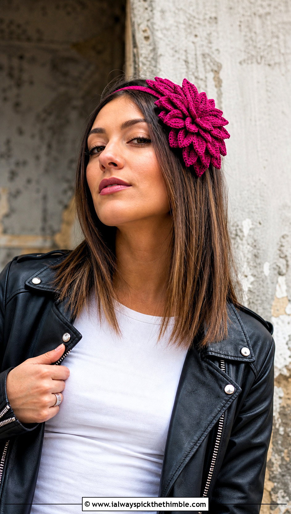 Dahlia Flower Crochet Headband With Leather Jacket - 25 flower crochet headband outfit ideas
