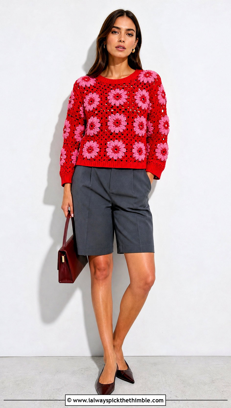 Dahlia Flower Granny Square Sweater With Bermuda Shorts - 20 flower granny square sweater outfit ideas