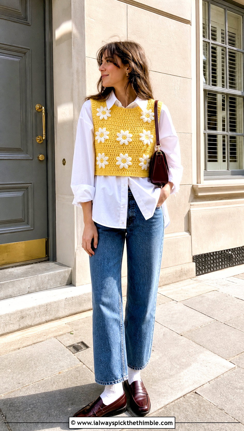 Daisy Amigurumi Vest With White Shirt And Jeans - 15 Crochet Amigurumi Vest outfit ideas