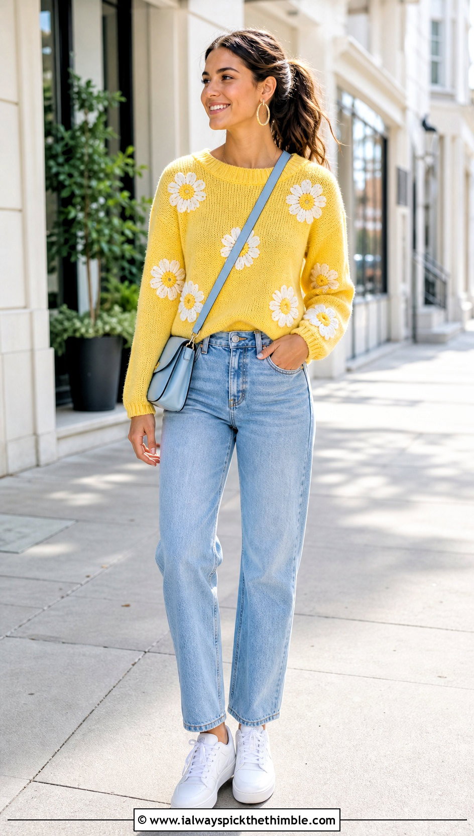 Daisy Applique Crewneck Sweater With Straight Leg Jeans - 20 crochet flowers on sweater outfit ideas