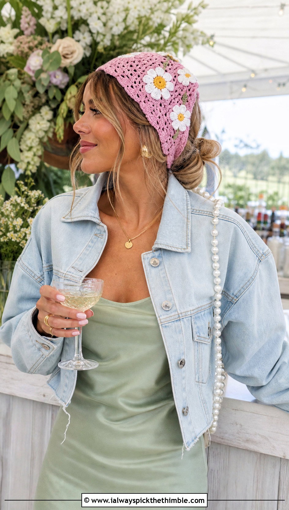 Daisy Applique Crochet Bandana Scarf With Slip Dress - 25 crochet bandana scarf outfit ideas