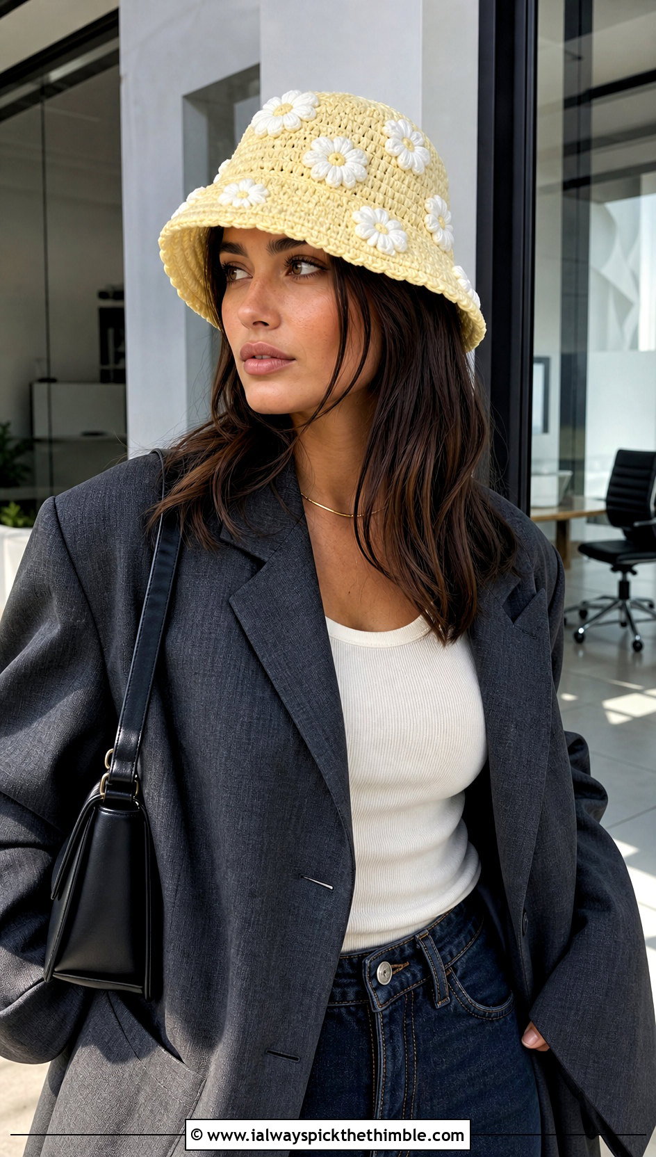 Daisy Applique Crochet Bucket Hat With Blazer And Jeans - 20 daisy crochet bucket hat outfit ideas