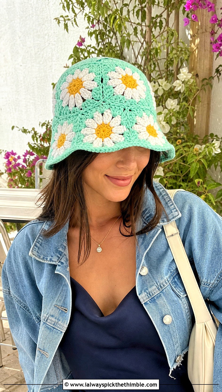 Daisy Applique Crochet Bucket Hat With Slip Dress - 25 crochet bucket hat outfit ideas