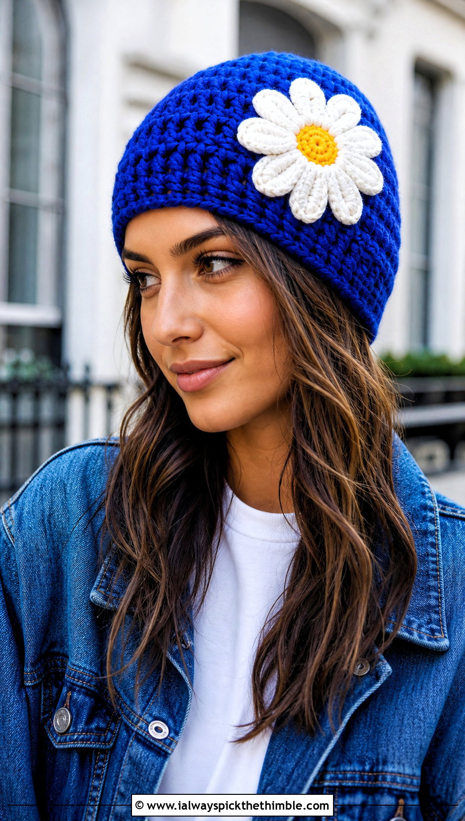 Daisy Applique Crochet Flower Beanie With Denim Jacket - 20 crochet flower beanie outfit ideas