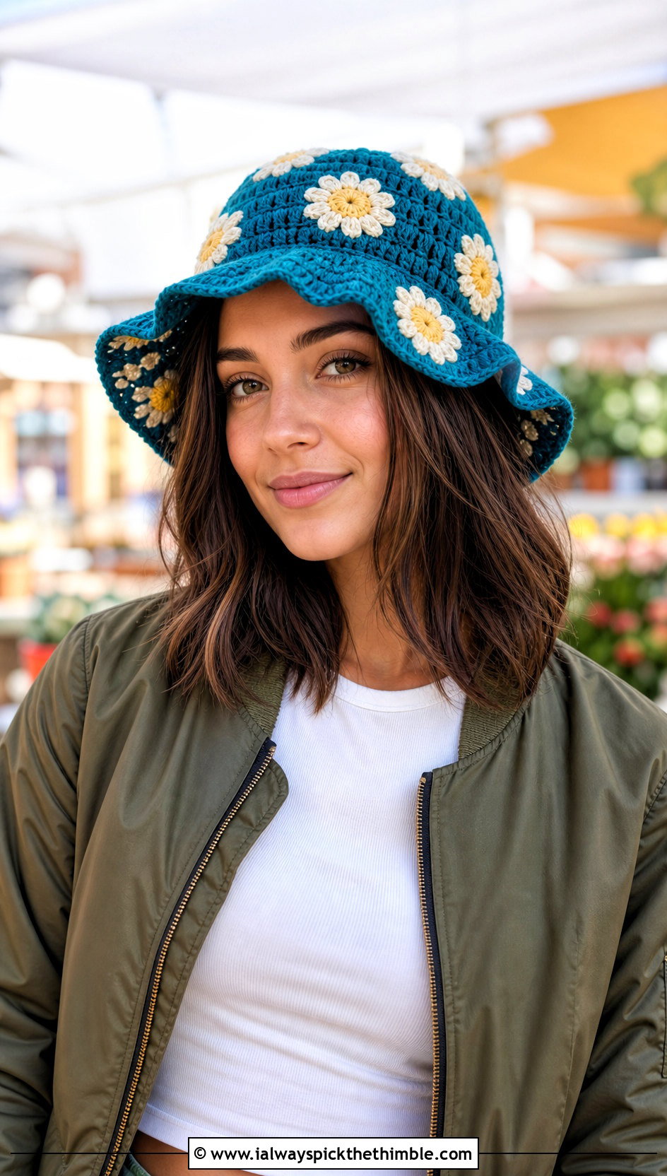 Daisy Applique Crochet Ruffle Bucket Hat With Cargo Pants - 25 crochet ruffle bucket hat outfit ideas