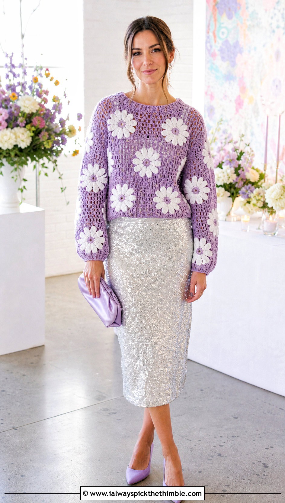 Daisy Applique Crochet Sweater With Sequin Midi Skirt - 20 Patterned Crochet Sweater outfit ideas