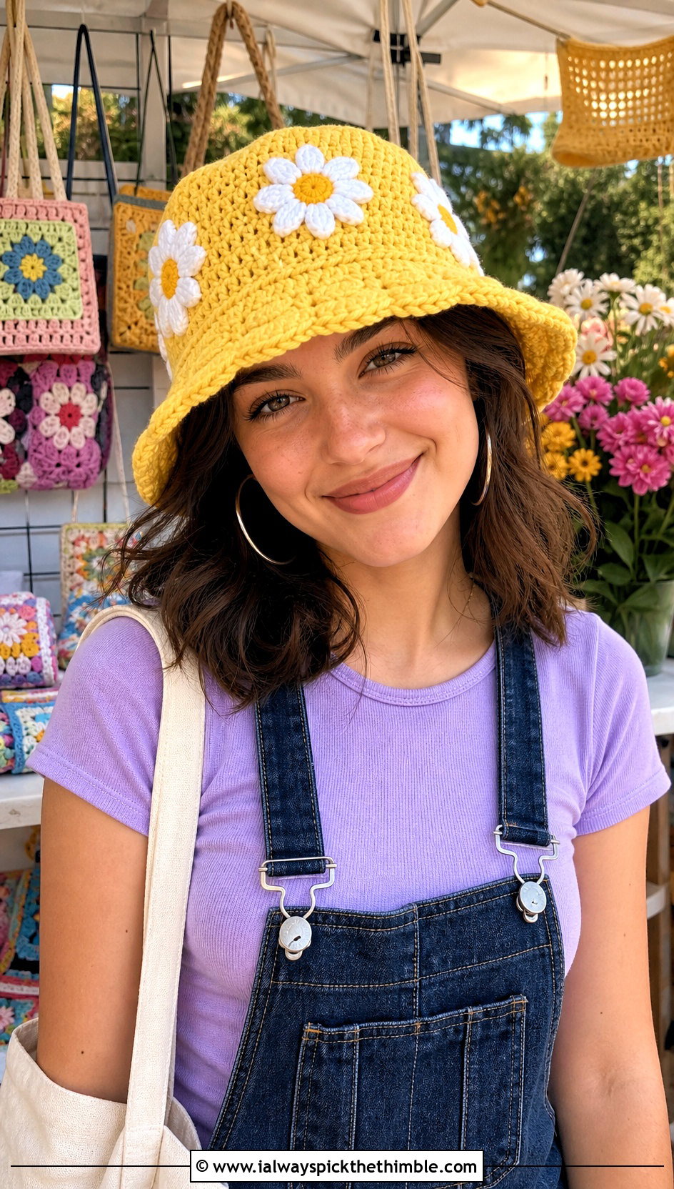 Daisy Applique Lemon Bucket Hat With Overalls And Mary Janes - 20 Lemon Crochet Bucket Hat outfit ideas