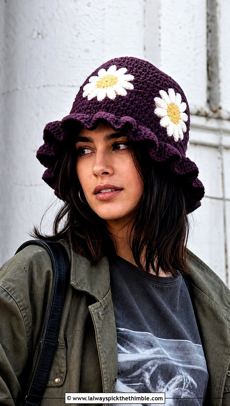 Daisy Applique Ruffle Crochet Bucket Hat With Cargo Pants - 20 Frilly Crochet Bucket Hat outfit ideas