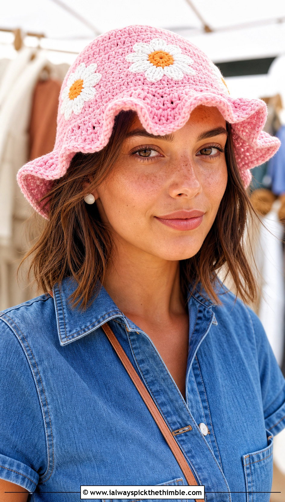 Daisy Applique Ruffled Crochet Bucket Hat With Denim Shirt Dress - 20 ruffled crochet bucket hat outfit ideas