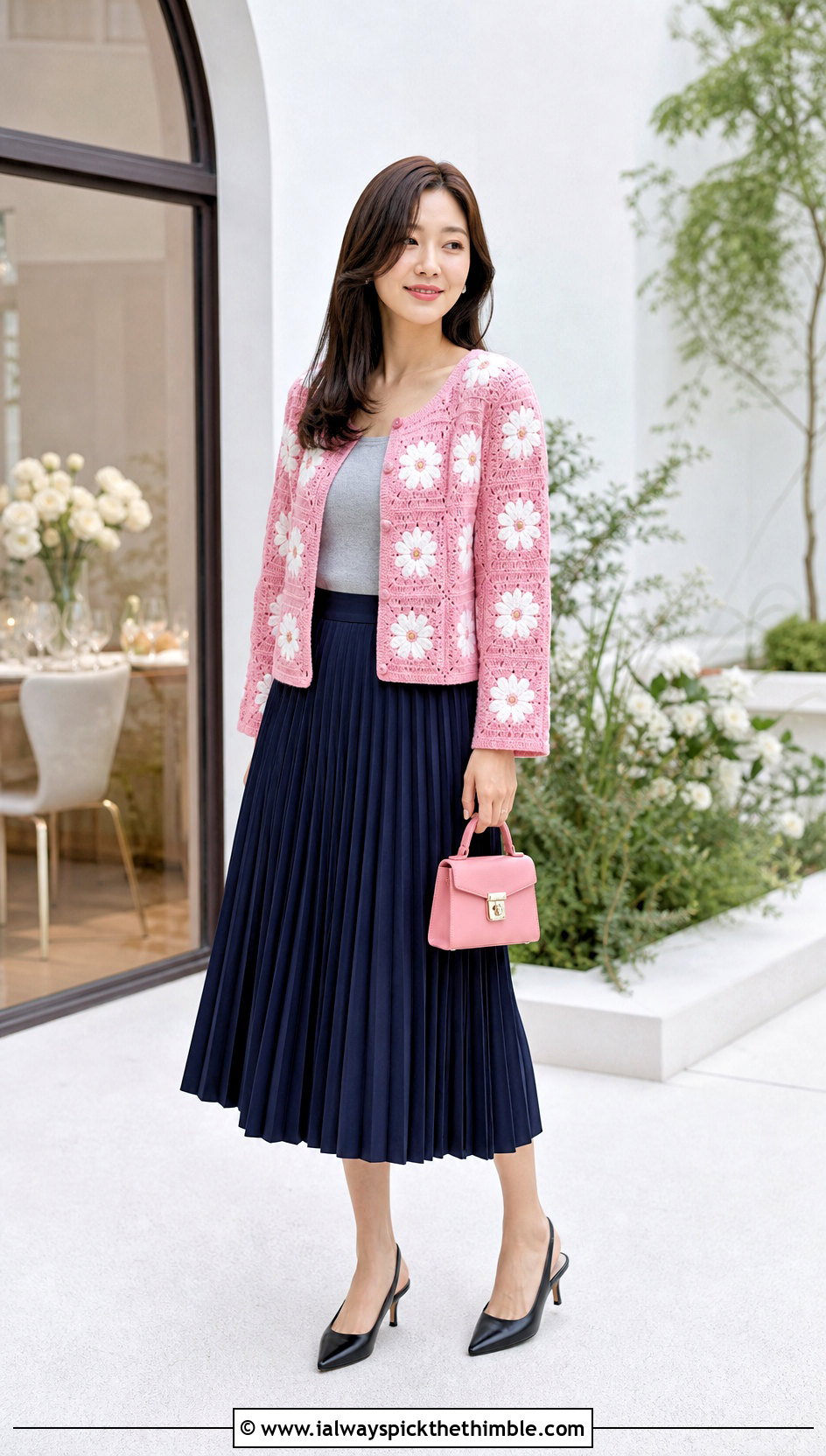 Daisy Block Cardigan With Pleated Midi Skirt - 20 crochet block cardigan outfit ideas