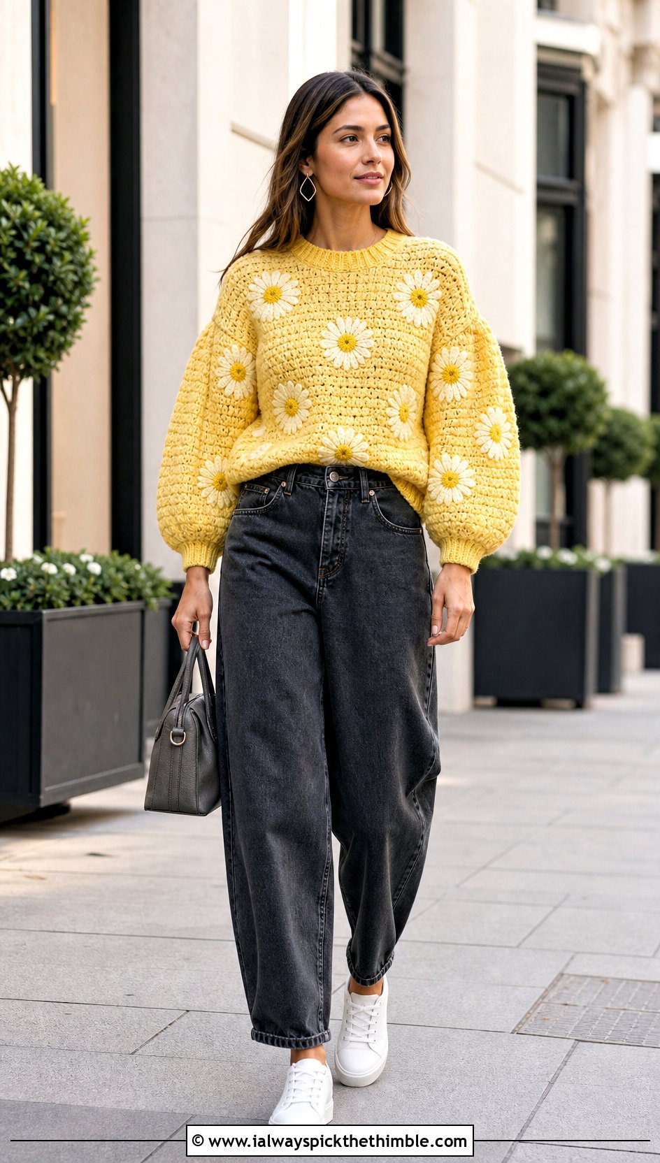 Daisy Bubble Sleeve Sweater With Barrel Jeans - 15 floral crochet sweater style outfit ideas