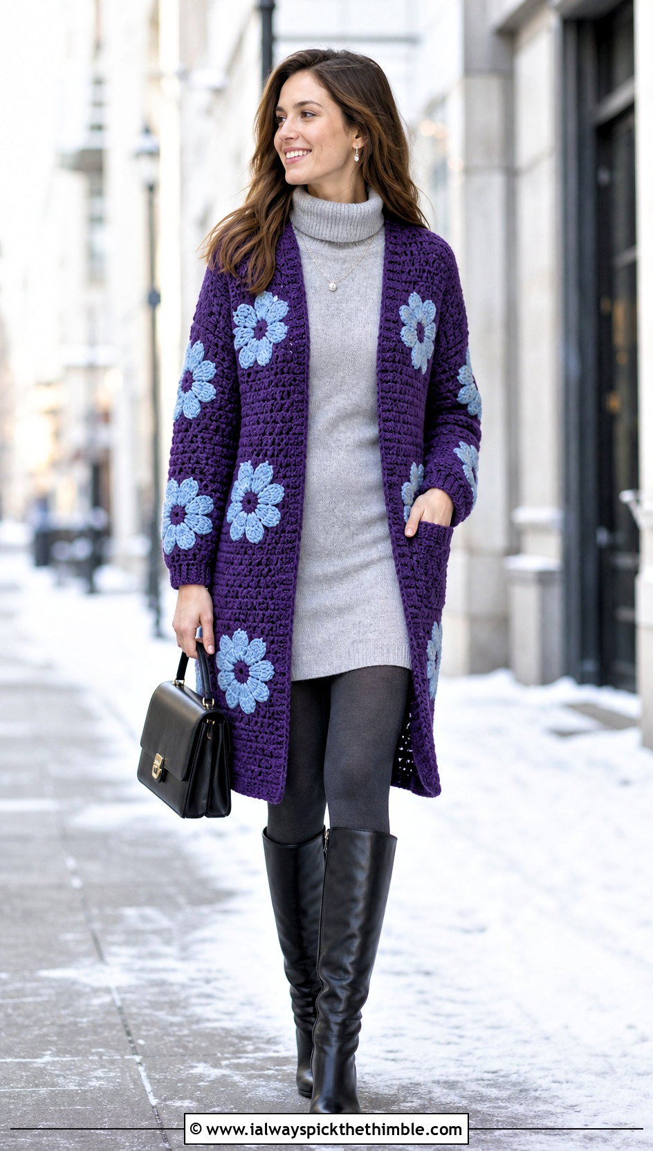 Daisy Cardigan Coat With Sweater Dress - 25 Crochet Daisy Cardigan outfit ideas