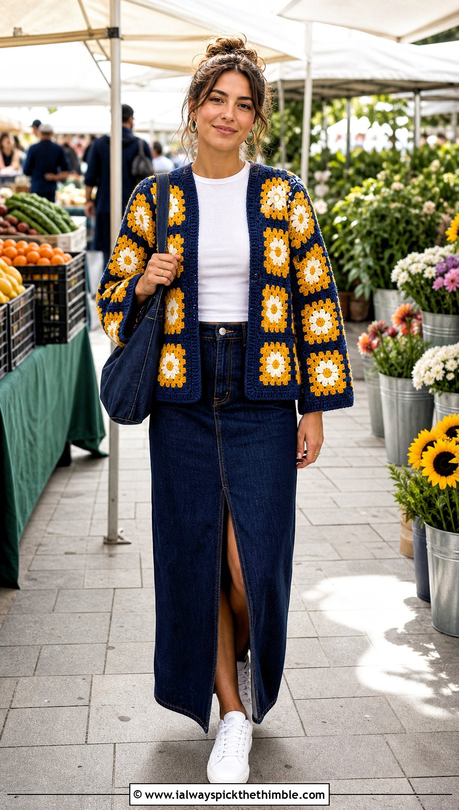 Daisy Center Big Granny Square Cardigan With Denim Maxi Skirt - 25 Big Granny Square Cardigan outfit ideas