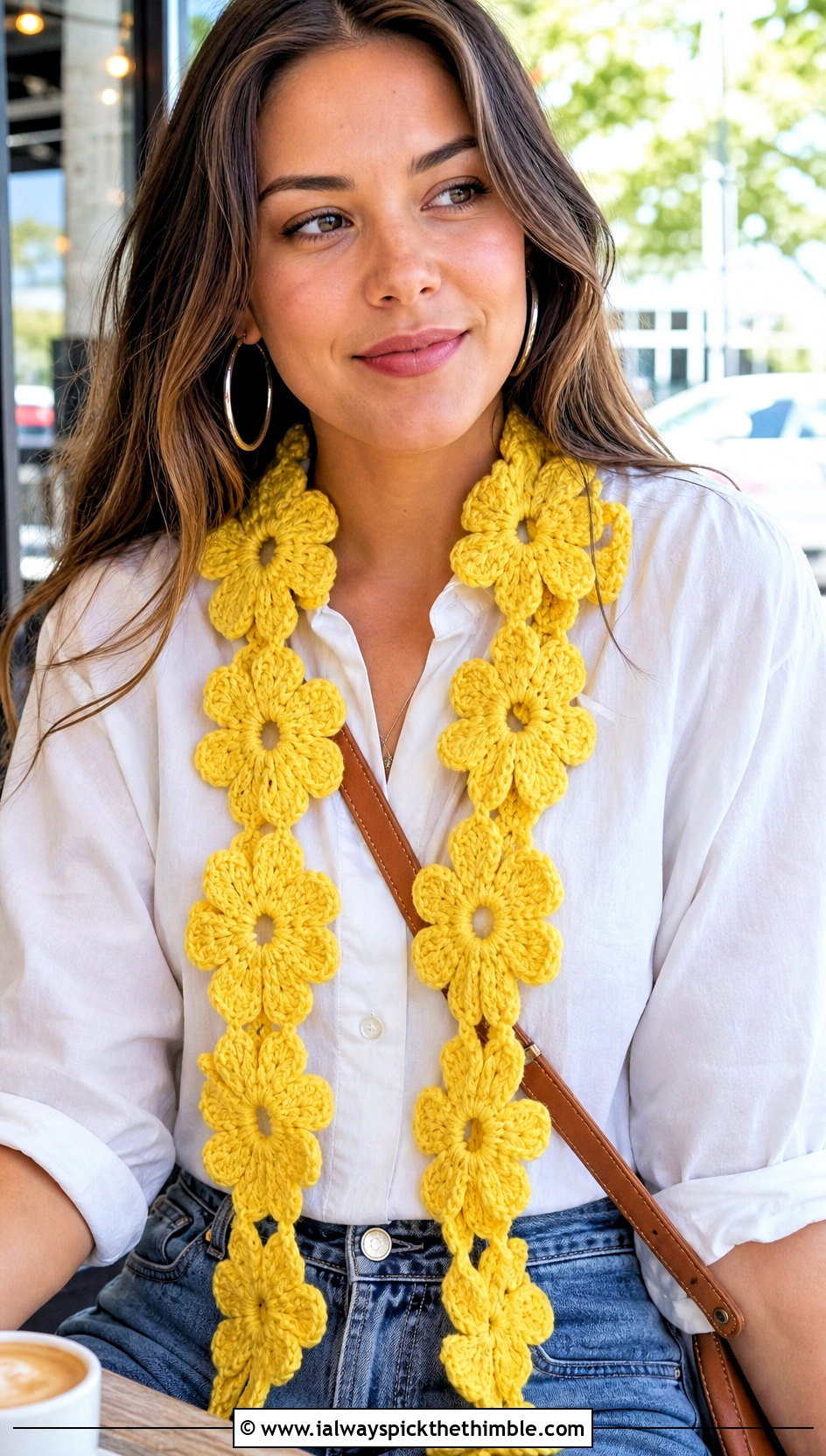 Daisy Chain Crochet Flower Scarf With White Shirt And Jeans - 25 crochet flower scarf outfit ideas