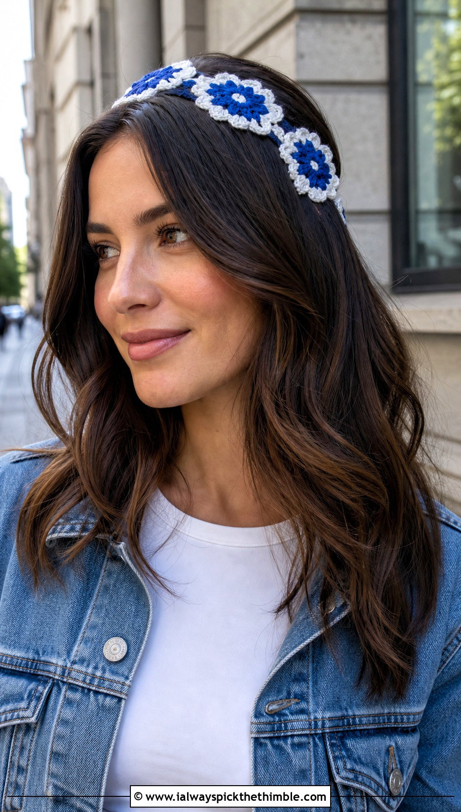 Daisy Chain Crochet Headband Set With Denim Jacket - 15 crochet flower and headband set outfit ideas