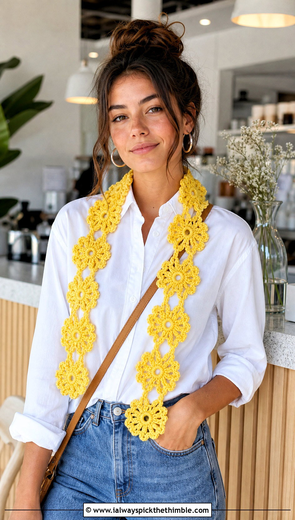 Daisy Chain Crochet Scarf With White Shirt And Jeans - 20 crochet scarf with flowers outfit ideas