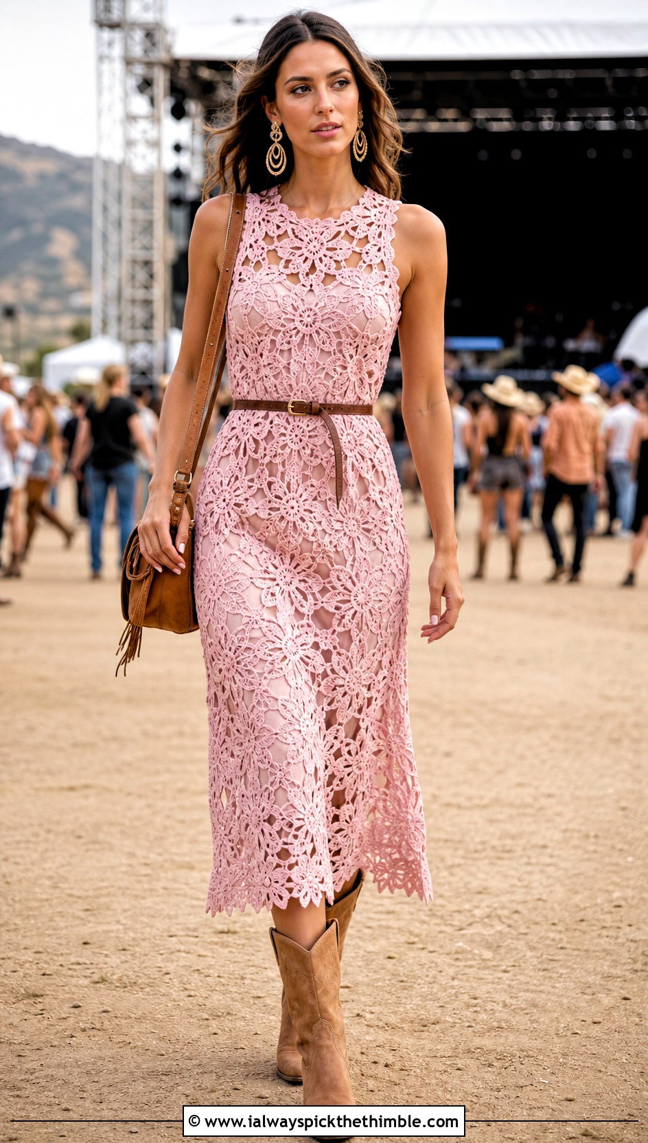 Daisy Chain Midi Dress With Cowboy Boots - 20 Crochet Chain Dress outfit ideas