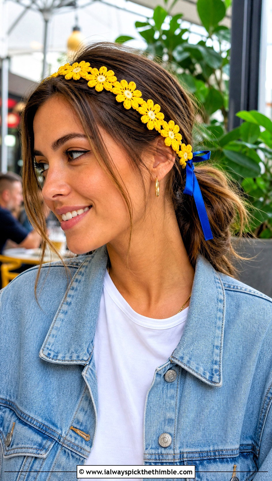 Daisy Chain Ribbon Tie Crochet Headband With Denim Jacket - 15 crochet headband with flower and ribbon outfit ideas