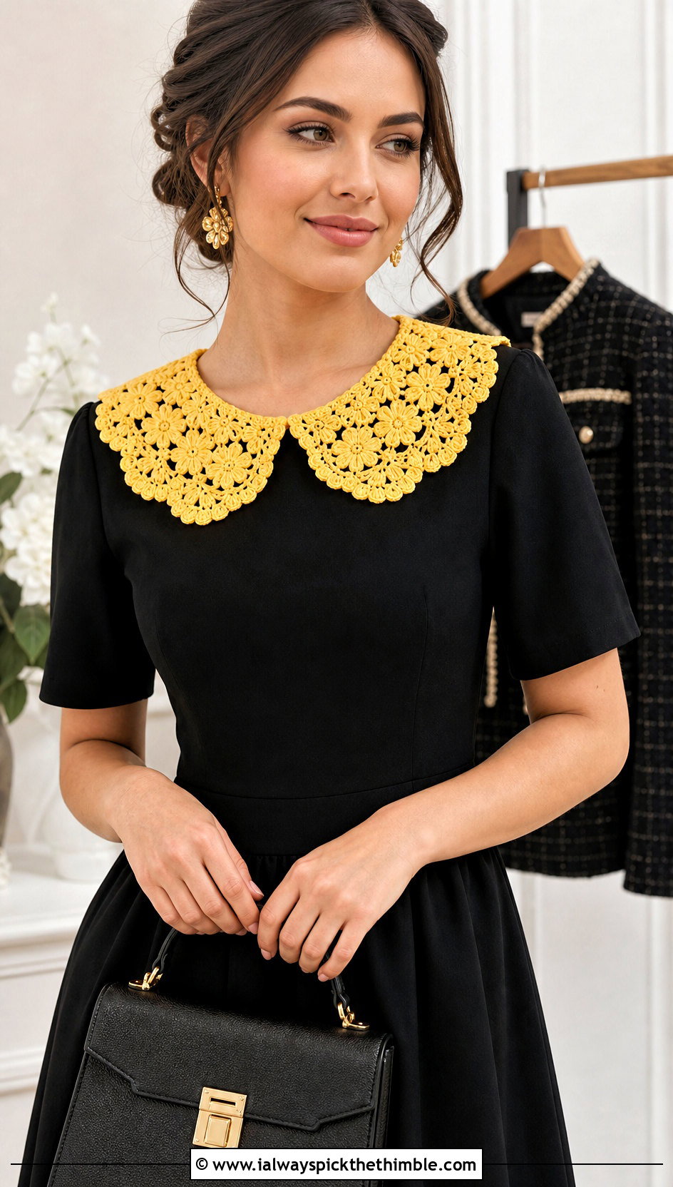 Daisy Chain Scalloped Collar With Black Dress - 15 handmade floral crochet collar outfit ideas