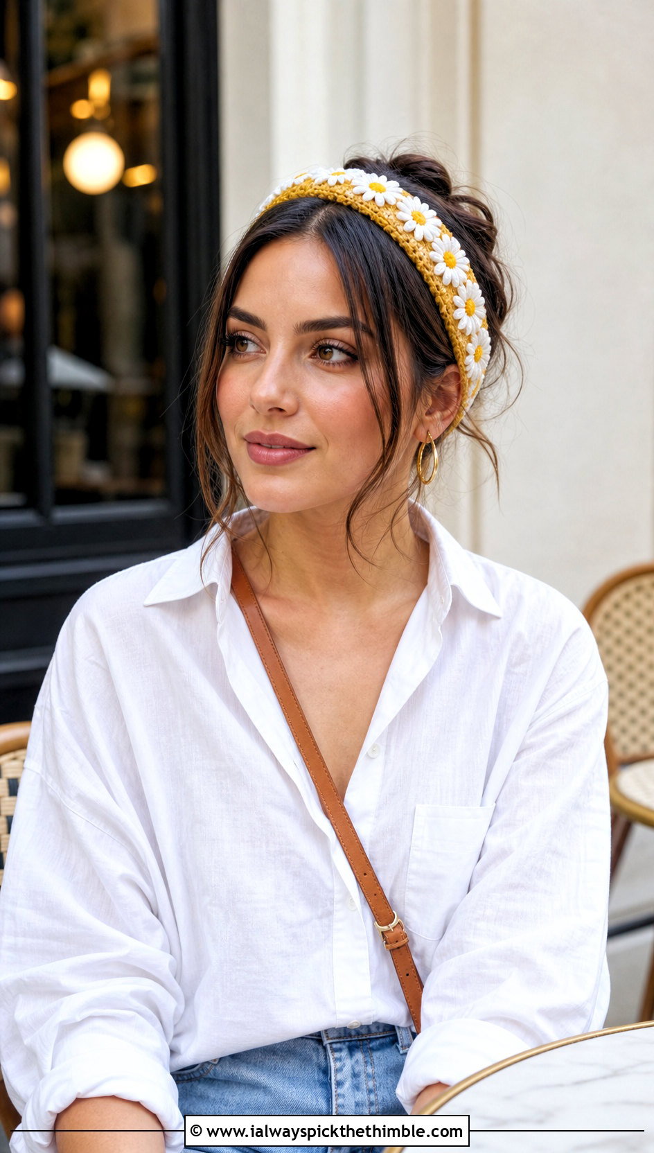 Daisy Chain Tie Headband With White Shirt And Jeans - 20 crochet headband with flower outfit ideas