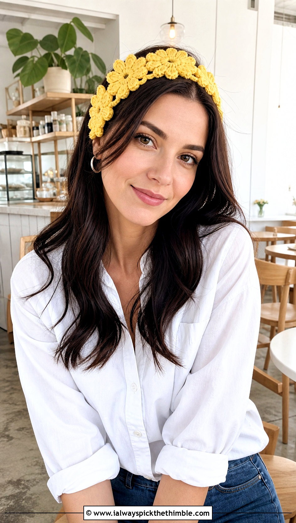 Daisy Cluster Crochet Headband With White Shirt And Jeans - 15 crochet headband with flower decoration outfit ideas