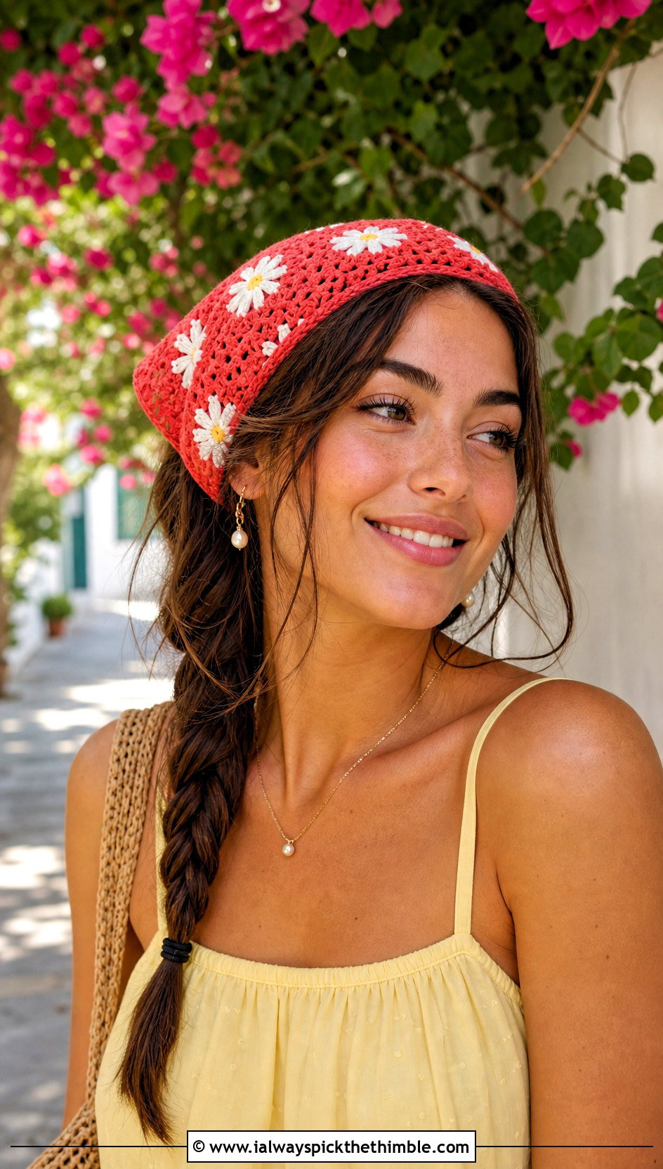 Daisy Crochet Bandana Scarf With Sundress And Espadrilles - 20 Bandana Crochet Scarf outfit ideas