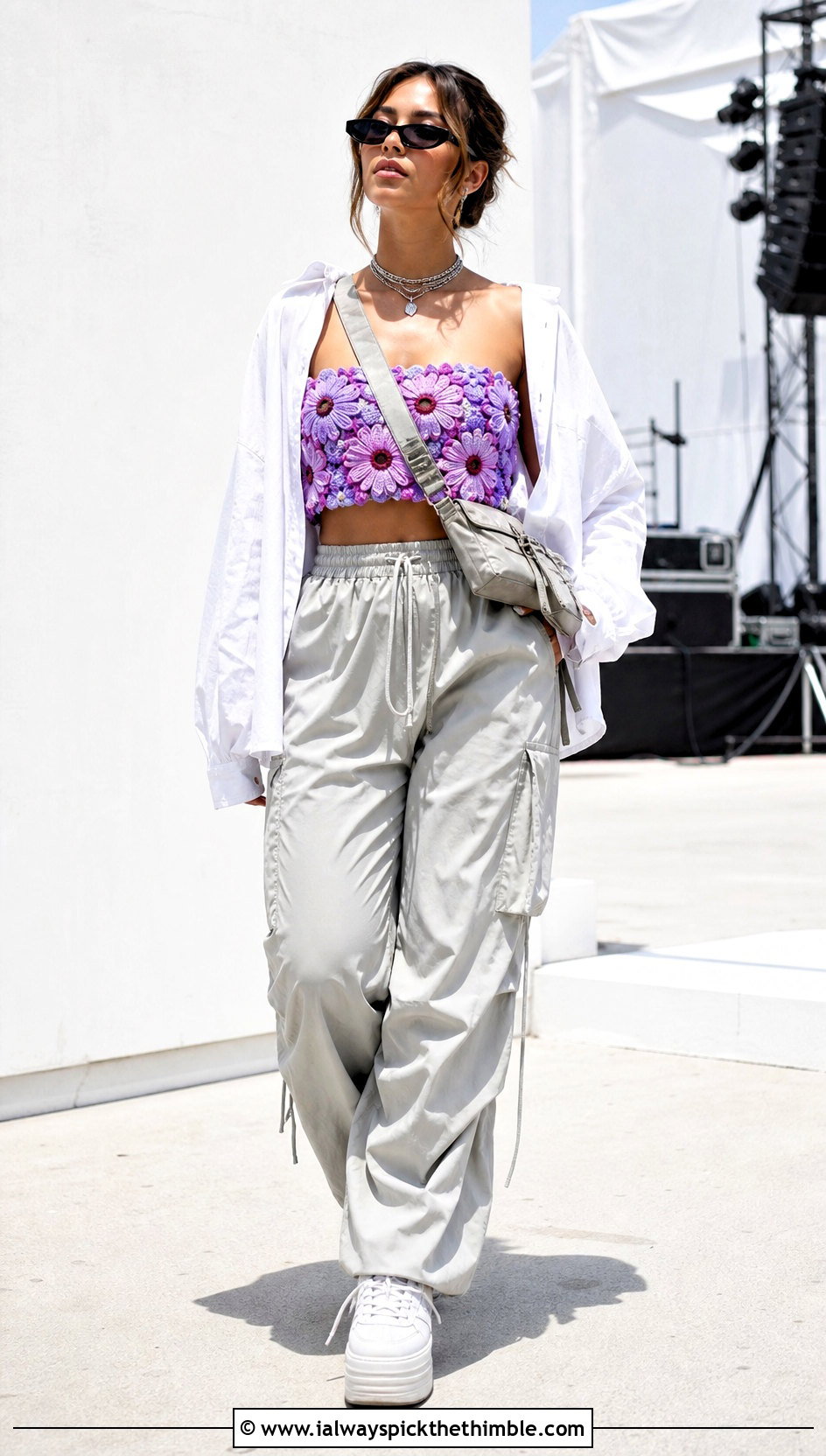 Daisy Crochet Bandeau Top With Parachute Pants - 25 crochet daisy top outfit ideas