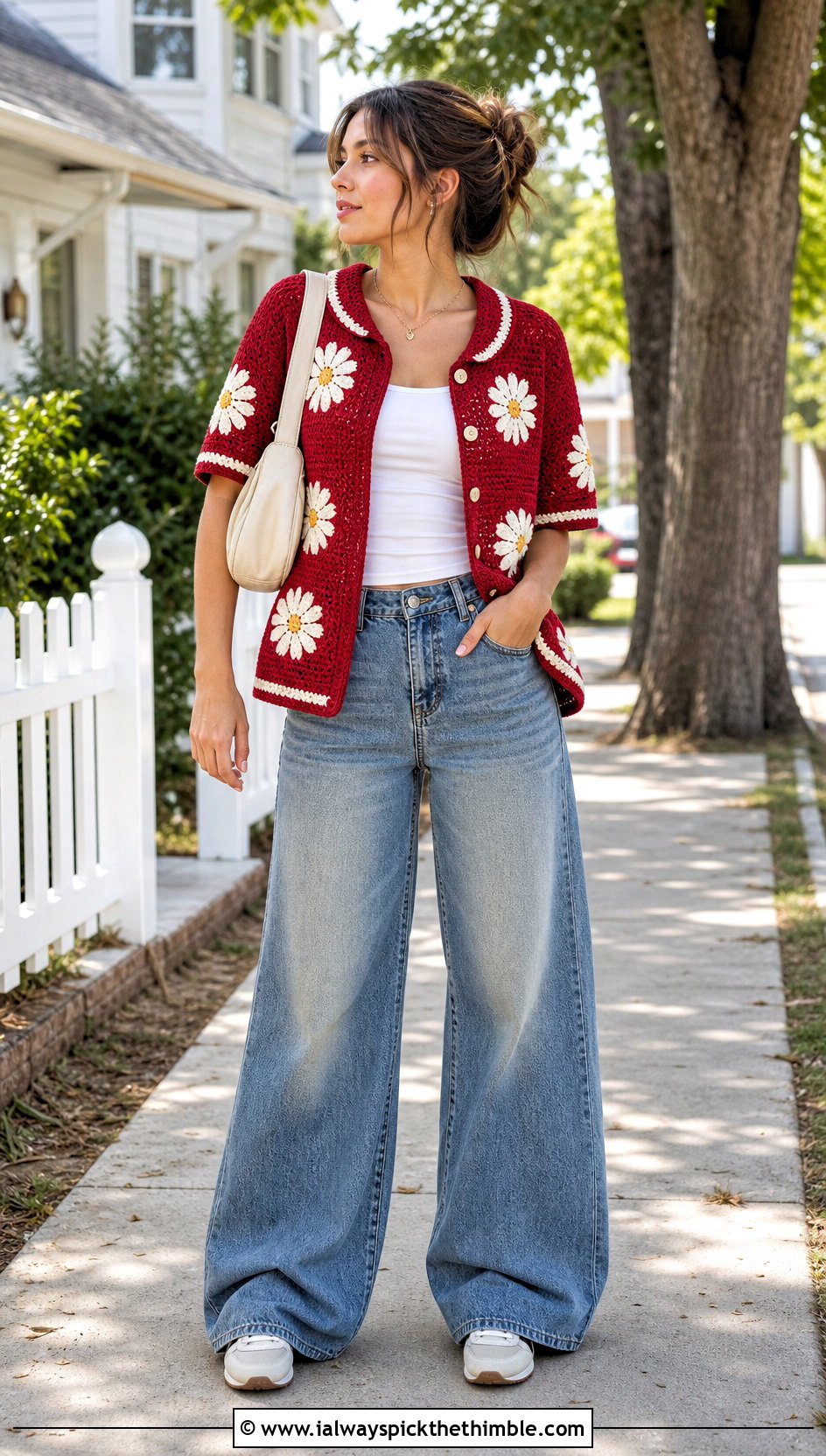 Daisy Crochet Baseball Shirt With Wide Leg Jeans - 25 Crochet Flower Shirt outfit ideas