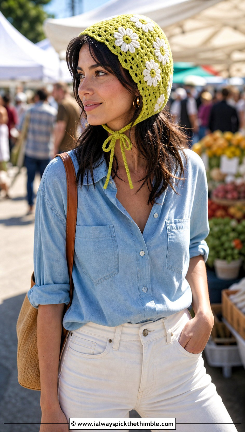 Daisy Crochet Bonnet With White Jeans - 20 Easy Crochet Bonnet outfit ideas
