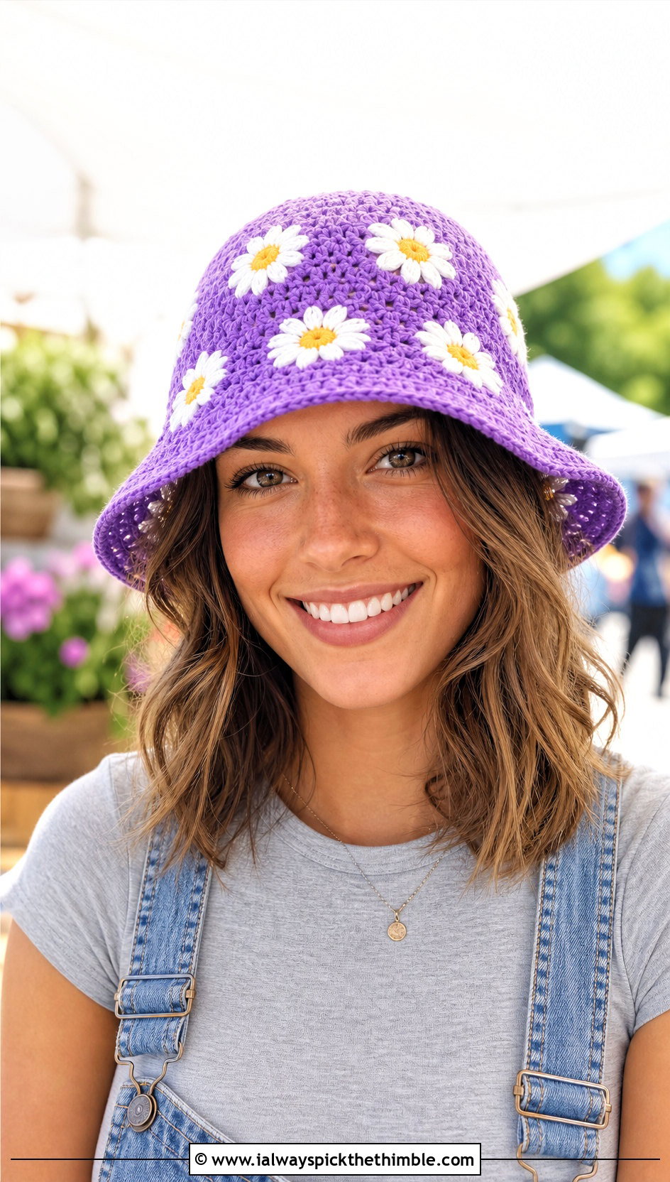 Daisy Crochet Bucket Hat With Denim Overalls - 25 crochet bucket hats outfit ideas