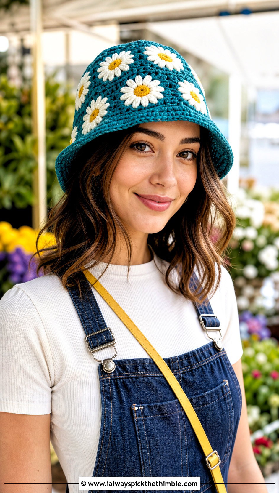 Daisy Crochet Bucket Hat With Denim Overalls - 20 crochet bucket hat ideas